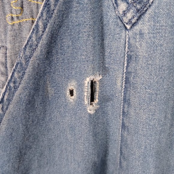 Agapo Embroidered Denim Overalls Small Metal Buttons Capri Pockets Distressed - Picture 9 of 12